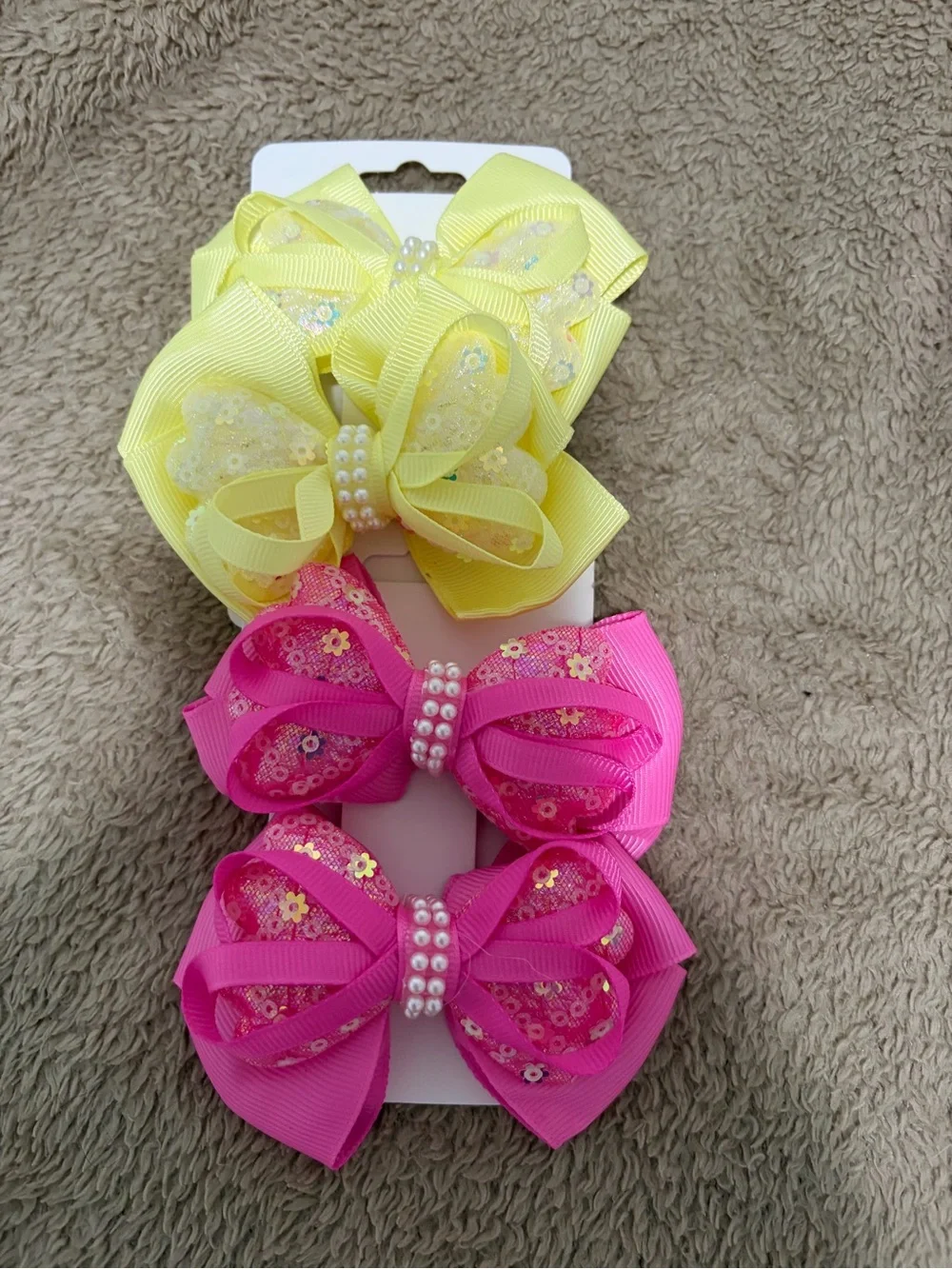 Yellow & Hot Pink Sequin Bow Hair Clips for Kids